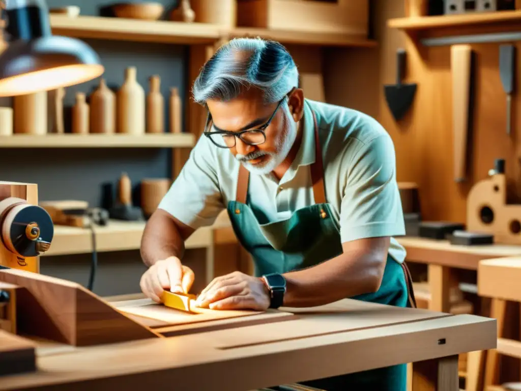 Diseño de muebles artesanales tecnológicos: Un artesano hábil talla madera rodeado de herramientas tradicionales y tecnología moderna, fusionando lo clásico con lo contemporáneo