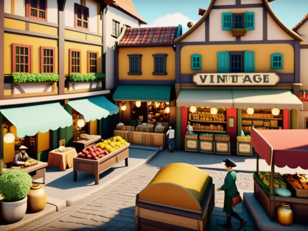 Diseño de mundos virtuales artesanales: Detallada imagen de un mundo virtual vintage con texturas y elementos artesanales, mercado bullicioso y arquitectura única