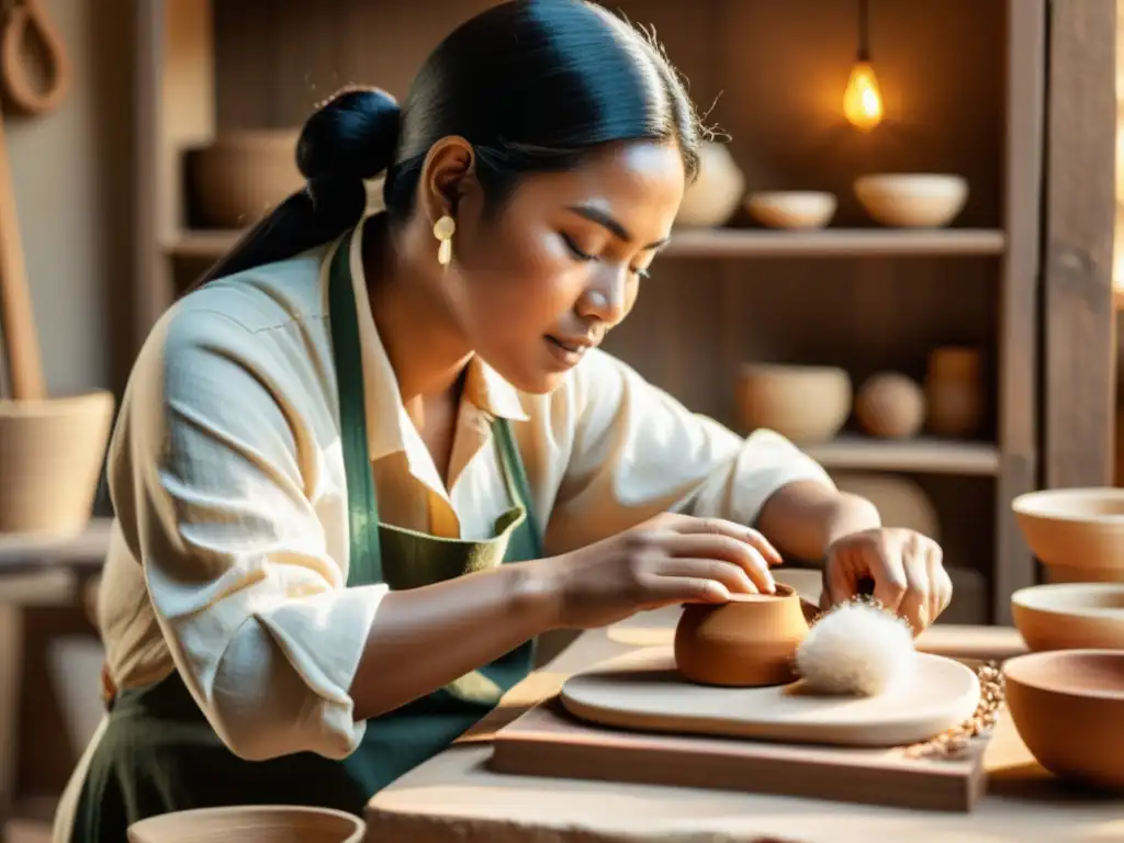 Diseño sostenible para artesanía digital: Artesano elaborando manualmente una pieza rodeado de materiales naturales