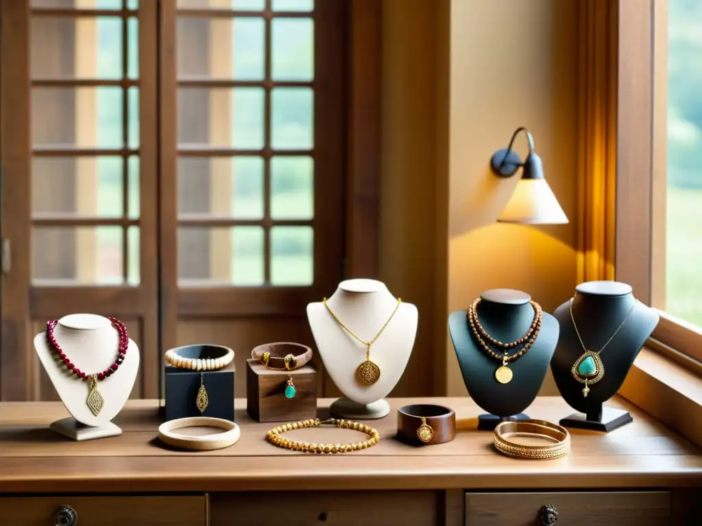 Exquisita artesanía: joyas vintage en mesa de madera Diseño web responsive para artesanías: Vista vintage de joyería artesanal en mesa de madera iluminada por luz dorada, destacando su belleza atemporal