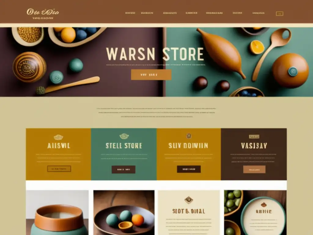 Diseño web vintage para tienda artesanal online Diseño web responsive para artesanías con paleta cálida, elementos dibujados a mano y productos hechos a mano como joyería, cerámica y textiles