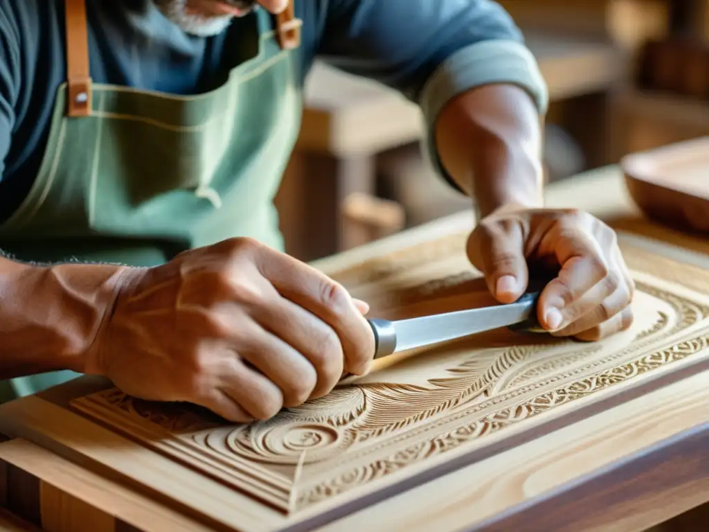Artesano tallando madera: tradición y destreza artesanal Diseño web responsive para artesanías: Fotografía vintage de un artesano tallando con destreza detalles en madera en un taller cálido y acogedor