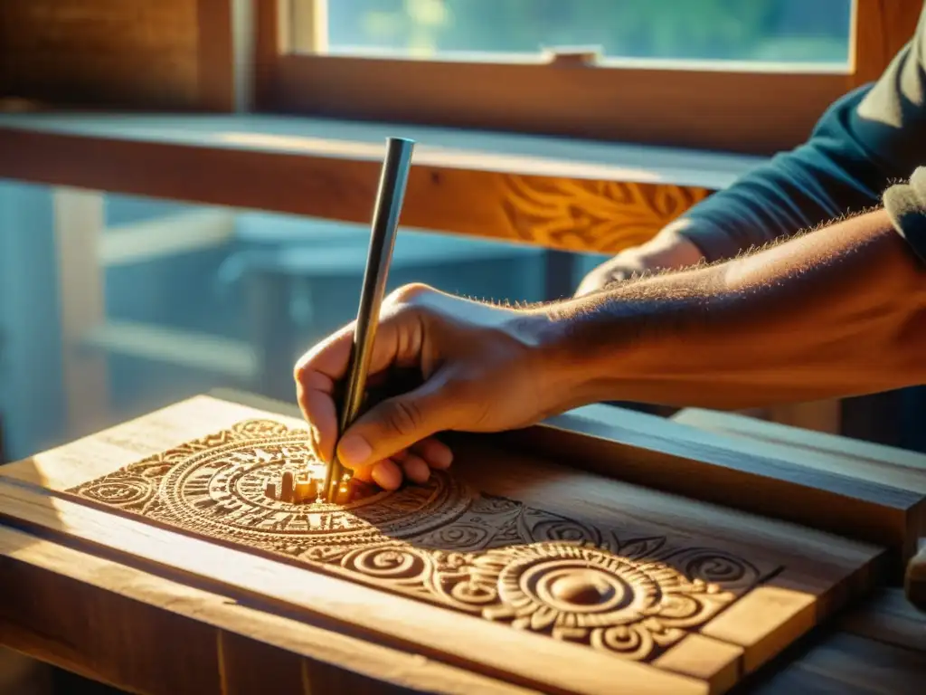 Un carpintero talla diseños en una mesa de madera, con patrones digitales emergiendo