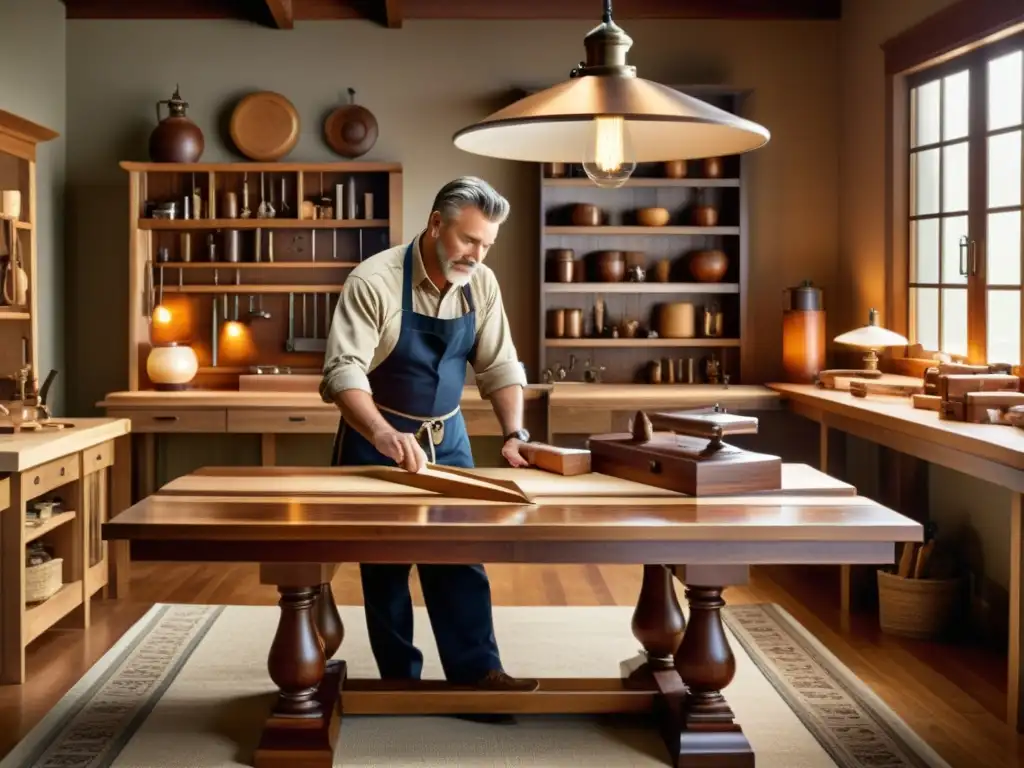 Un ebanista experto talla diseños en mesa de madera pulida, rodeado de muebles artesanales