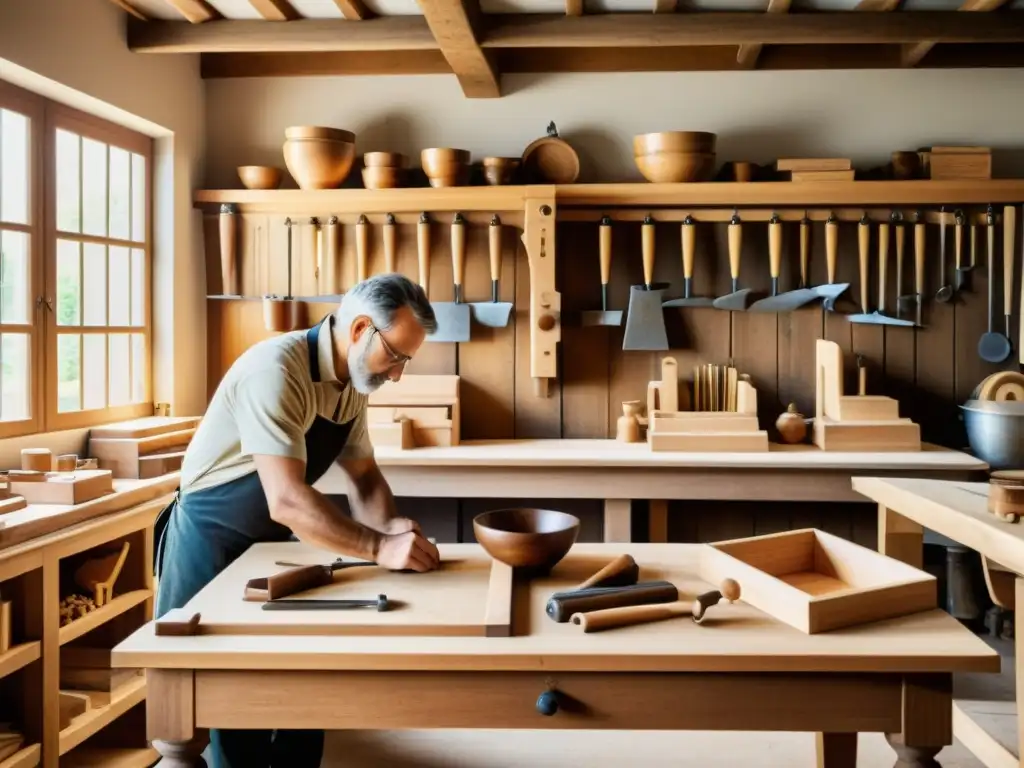 Ebanistería francesa: hábiles artesanos trabajan madera con herramientas tradicionales en un taller iluminado por luz natural