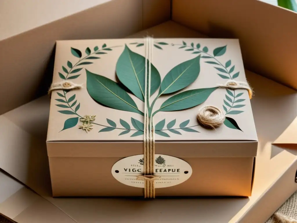 Un empaque artesanal ecológico innovador: caja de cartón vintage decorada con ilustraciones botánicas en tonos tierra, atada con cordel rústico, rodeada de papel reciclado y bañada por la cálida luz del sol