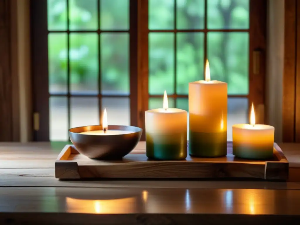 Una encantadora mesa de madera rústica con velas artesanales de diferentes tamaños y colores, iluminada por luz natural