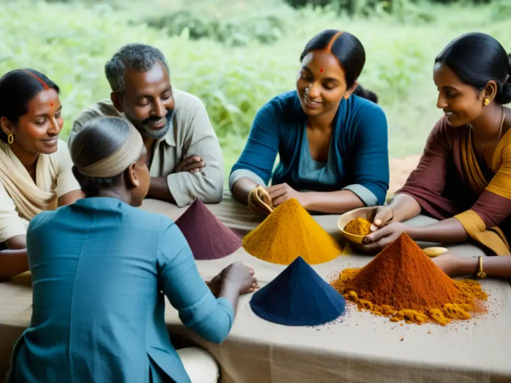 Un encuentro animado alrededor de una mesa con tintes naturales, evocando sabiduría ancestral y comunidad