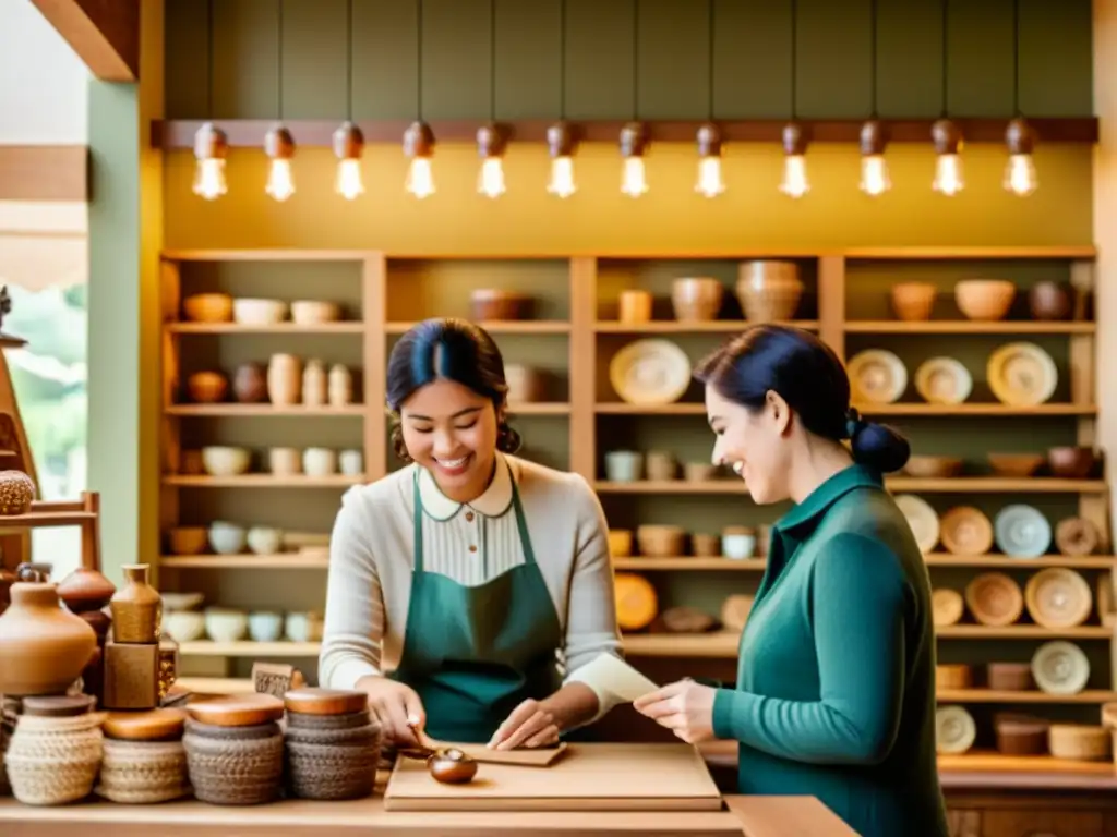 Encuentro cálido en tienda artesanal con cliente