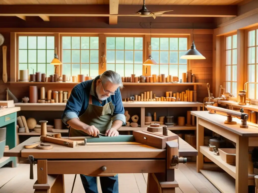 Enseñanza artesanal en un taller vintage: herramientas, tallados y aprendizaje práctico en un ambiente cálido y nostálgico