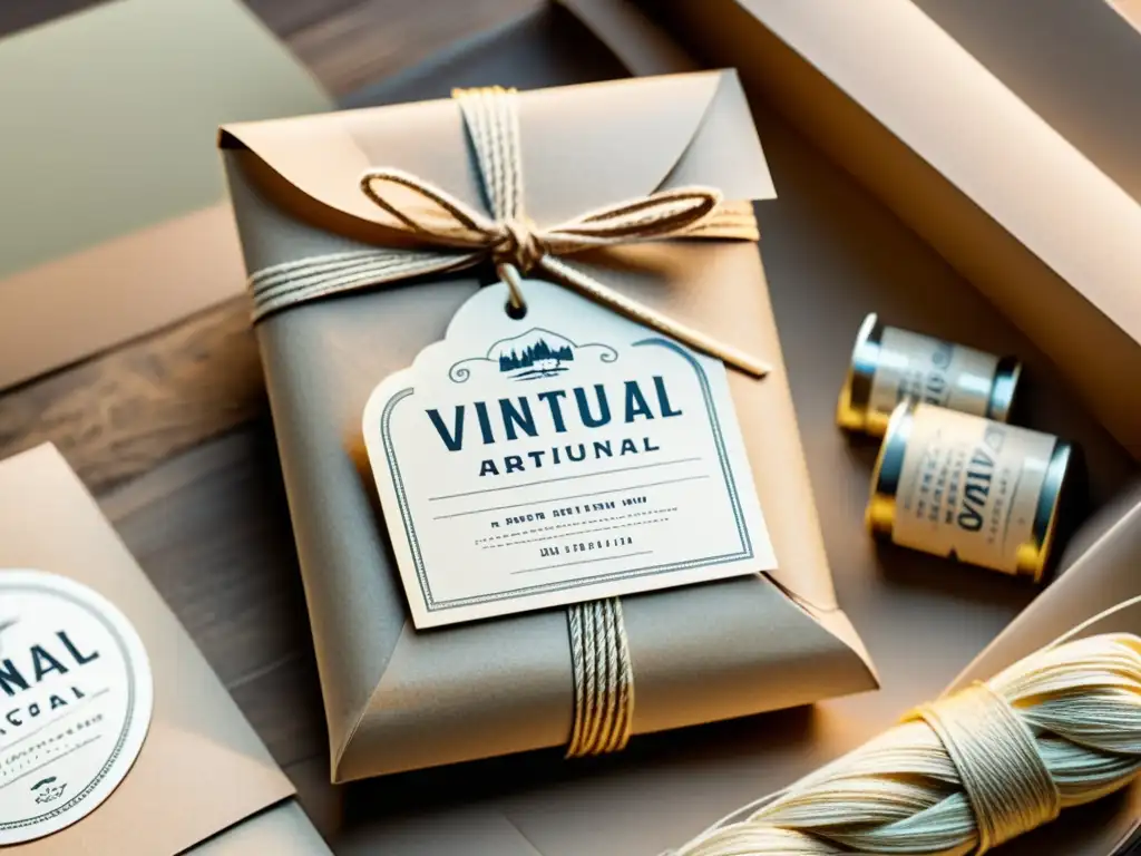 Envoltura artesanal vintage con detalles intrincados en papel texturizado, cuerda delicada y etiquetas vintage, evocando autenticidad y artesanía en el packaging virtual de comercio electrónico