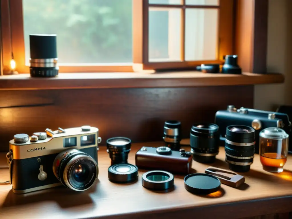 Equipo básico de fotografía artesanal digital en una mesa de madera con cámara vintage, lentes, trípode y rollos de film, bañados por luz cálida