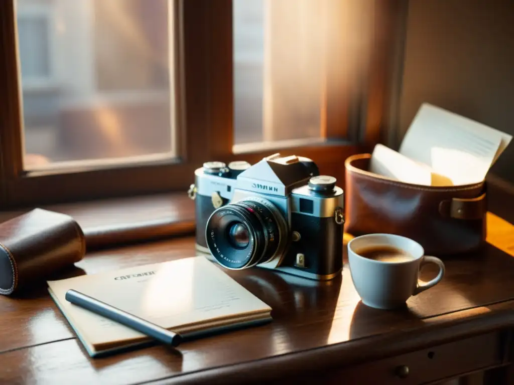 Equipo básico fotografía artesanal digital: escena nostálgica con cámara vintage, cuaderno de notas, rollos de film y taza de café en mesa de madera iluminada por la cálida luz matutina