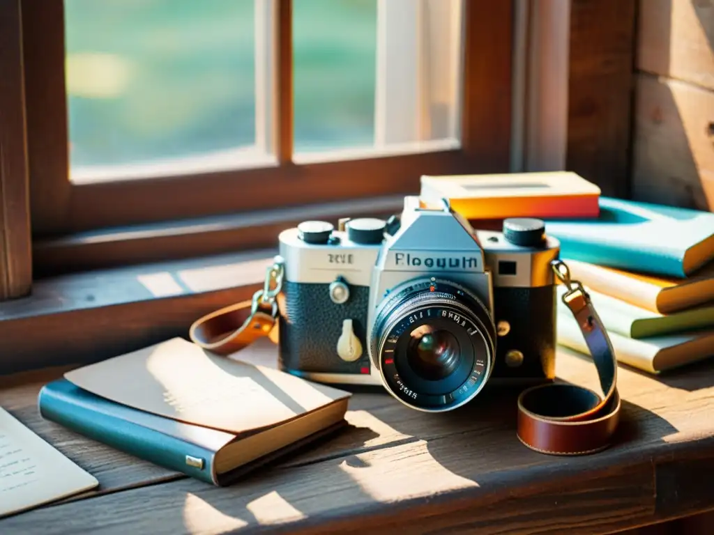 Equipo básico fotografía artesanal digital: Cámara vintage, rollos de película, libreta de notas y luz cálida de tarde