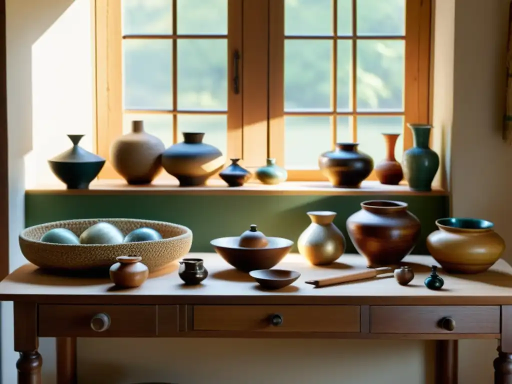 Una escena de artesanías únicas en una mesa vintage iluminada por luz natural