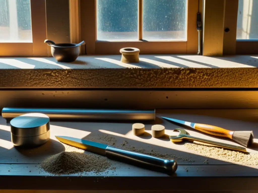 Una escena de atelier artesanal con modelado 3D de una figura esculpida, herramientas vintage y luz cálida de tarde