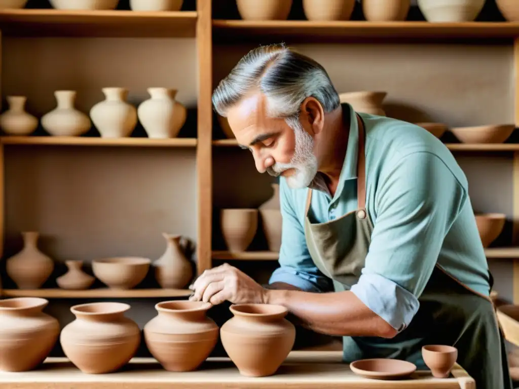 Una escena atemporal de mentoría artesanal, con un hábil artesano guiando a sus aprendices en el proceso de crear cerámica a mano