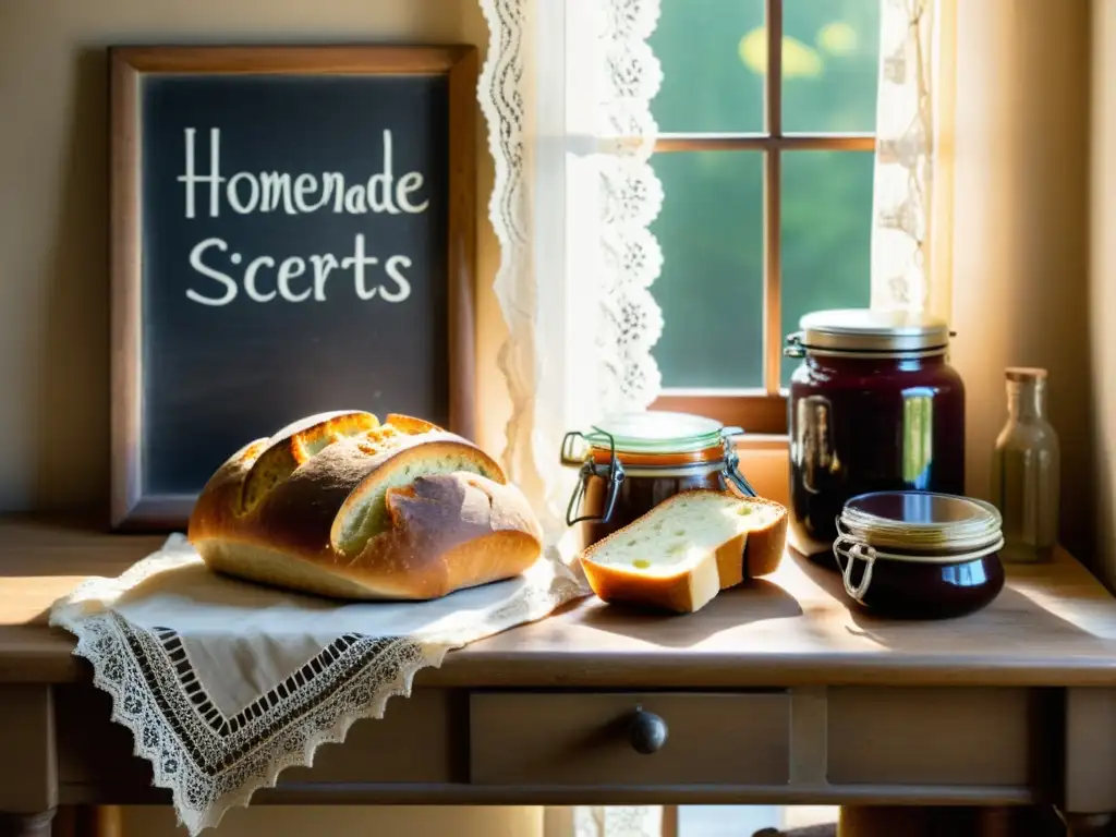 Una escena de cocina vintage con una mesa de madera rústica adornada con pan artesanal, tarros de conservas caseras y utensilios de cocina antiguos