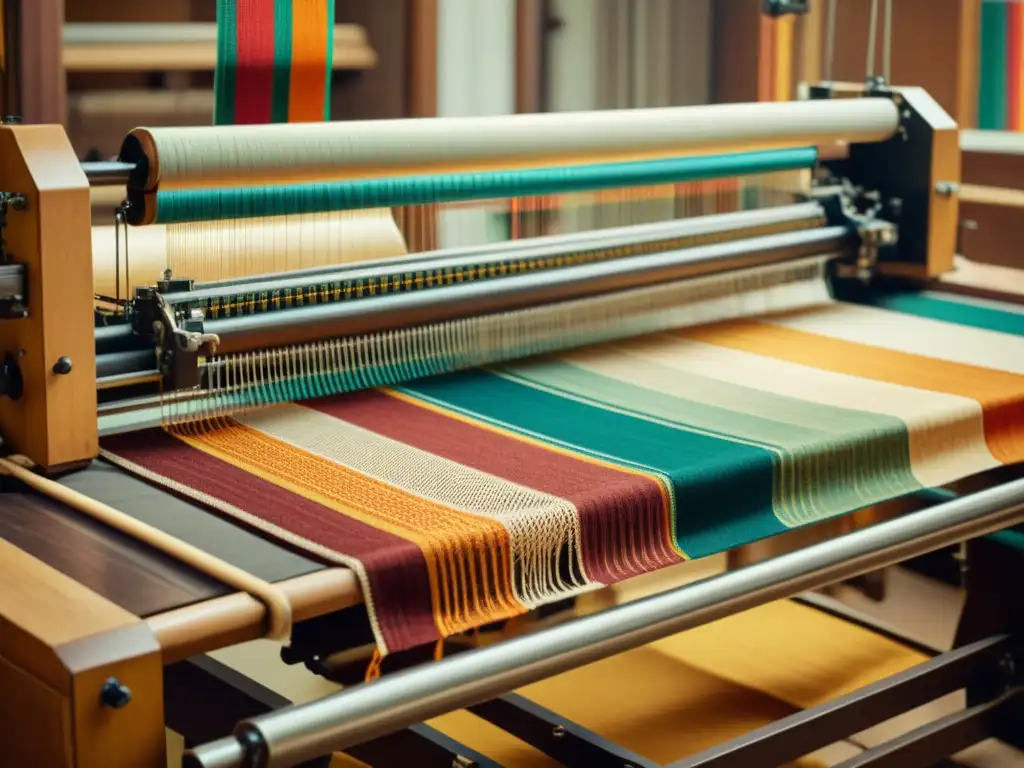 Una escena evocadora que captura la integración robótica en arte textil, con un telar tradicional operado por un brazo robótico