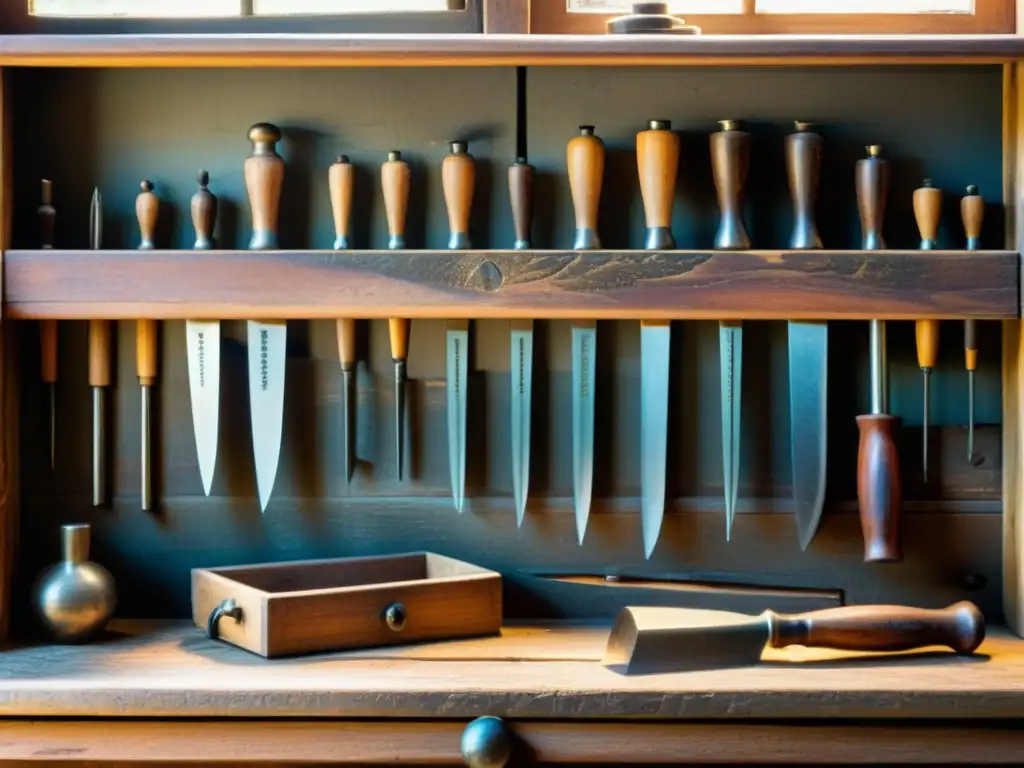 Una escena evocadora de técnicas de fotografía artesanal, con herramientas antiguas sobre un banco de trabajo de madera envejecida con una rica pátina