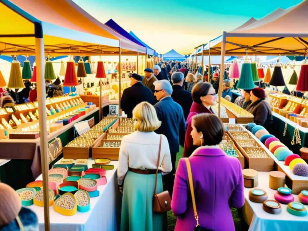 Escena de feria vintage con multitud admirando artesanía digital, joyería intrincada y arte pintado a mano