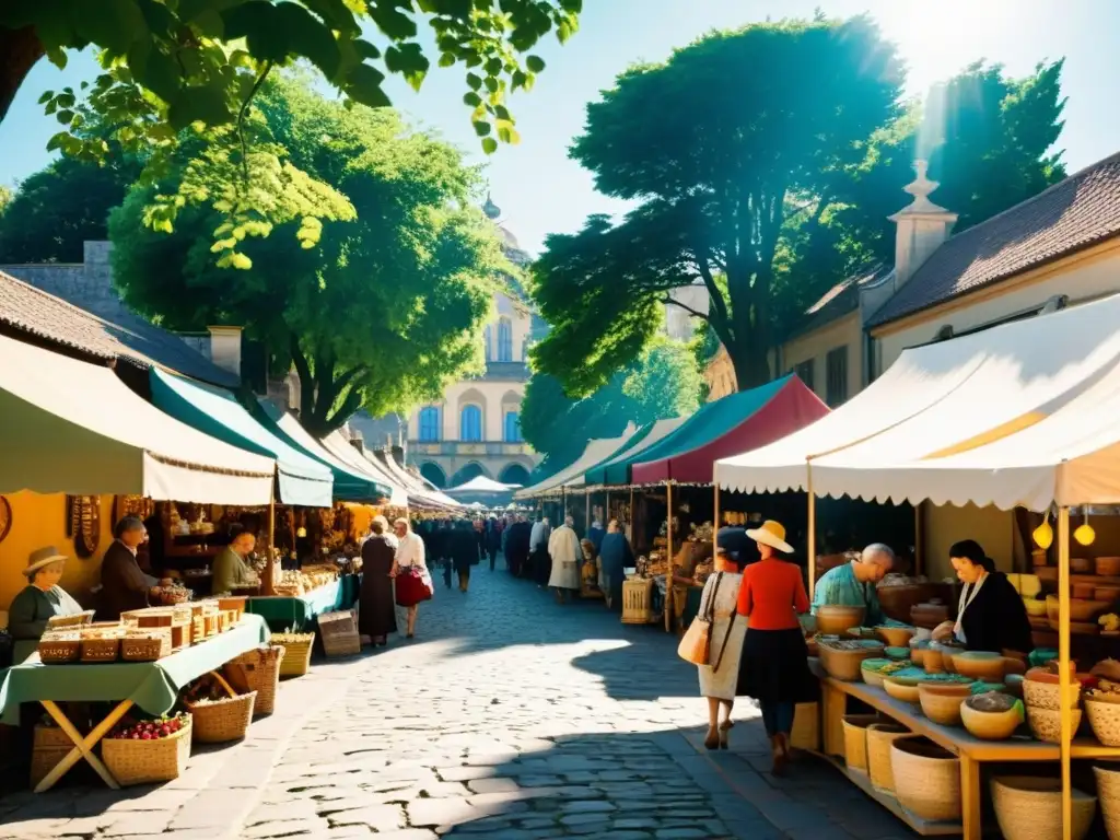 Escena de mercado artesanal vintage con artesanías coloridas bajo toldos antiguos