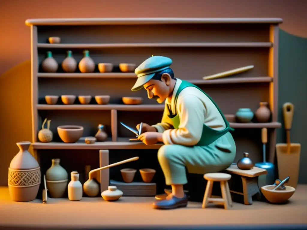 Escena de animación stop motion en miniatura de artesanía con figura de arcilla y herramientas, iluminación cálida y ambiente nostálgico artesanal