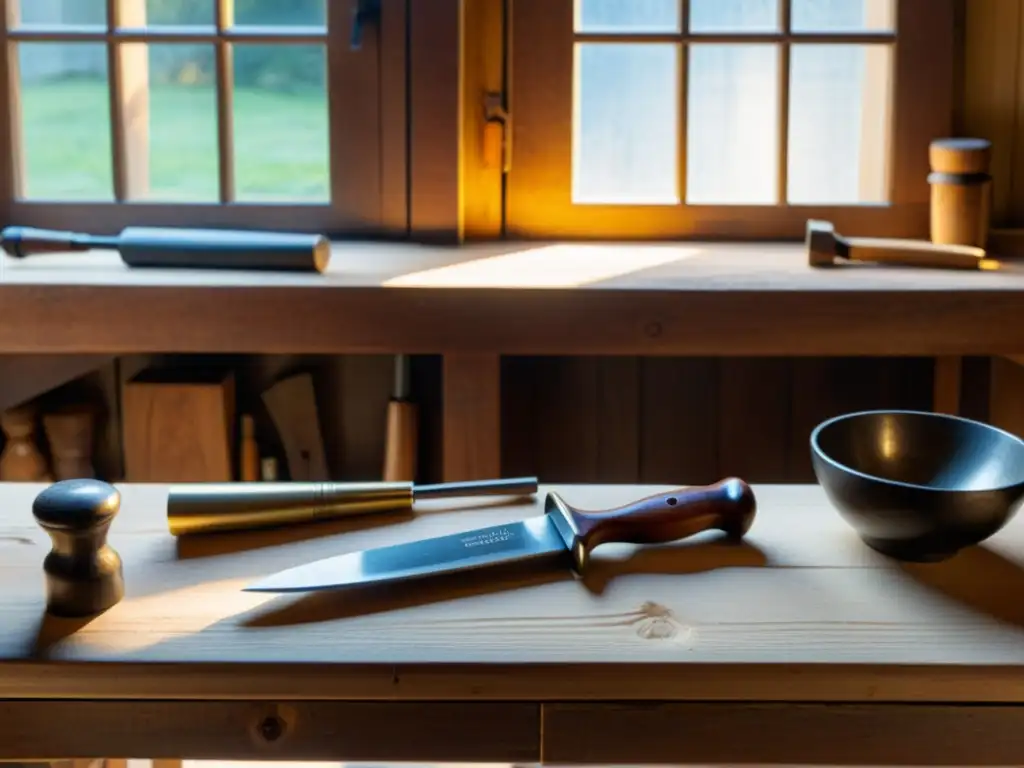 Una escena nostálgica de un banco de trabajo de madera con herramientas artesanales