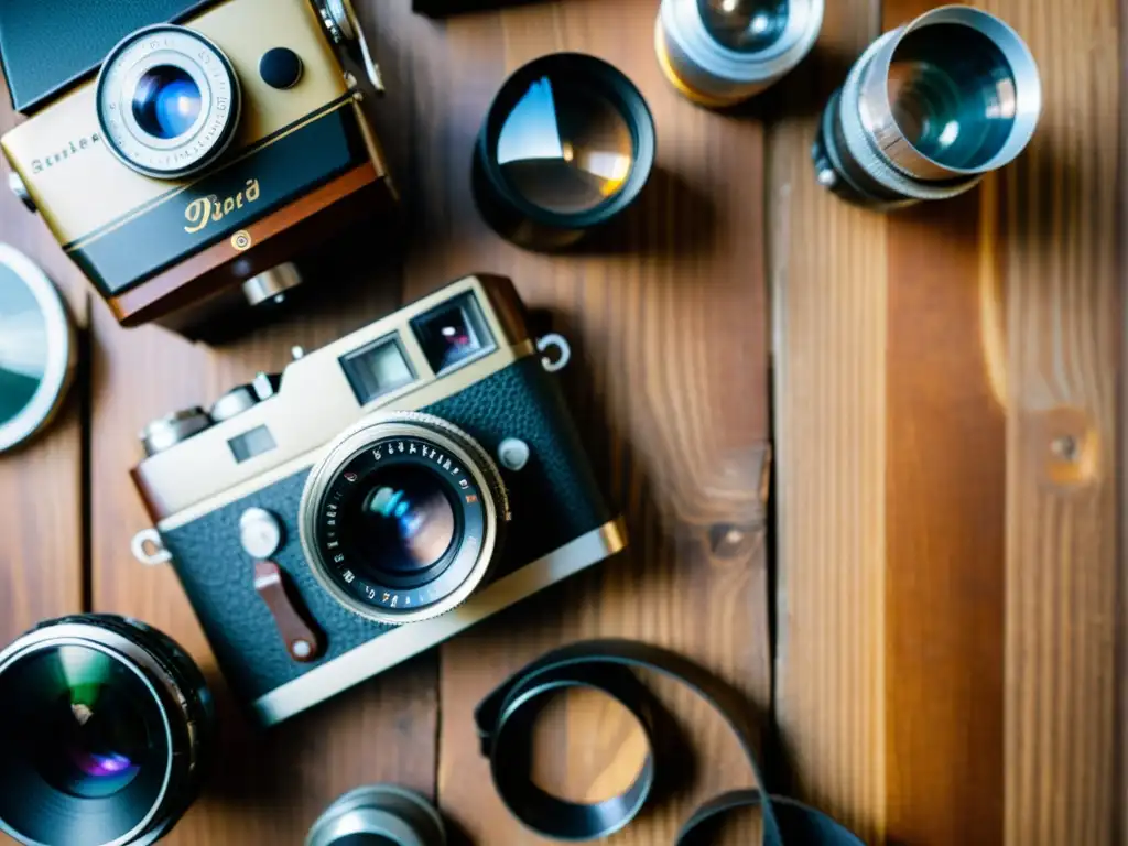 Una escena nostálgica de una cámara de película vintage rodeada de herramientas fotográficas antiguas, iluminada por una suave luz natural