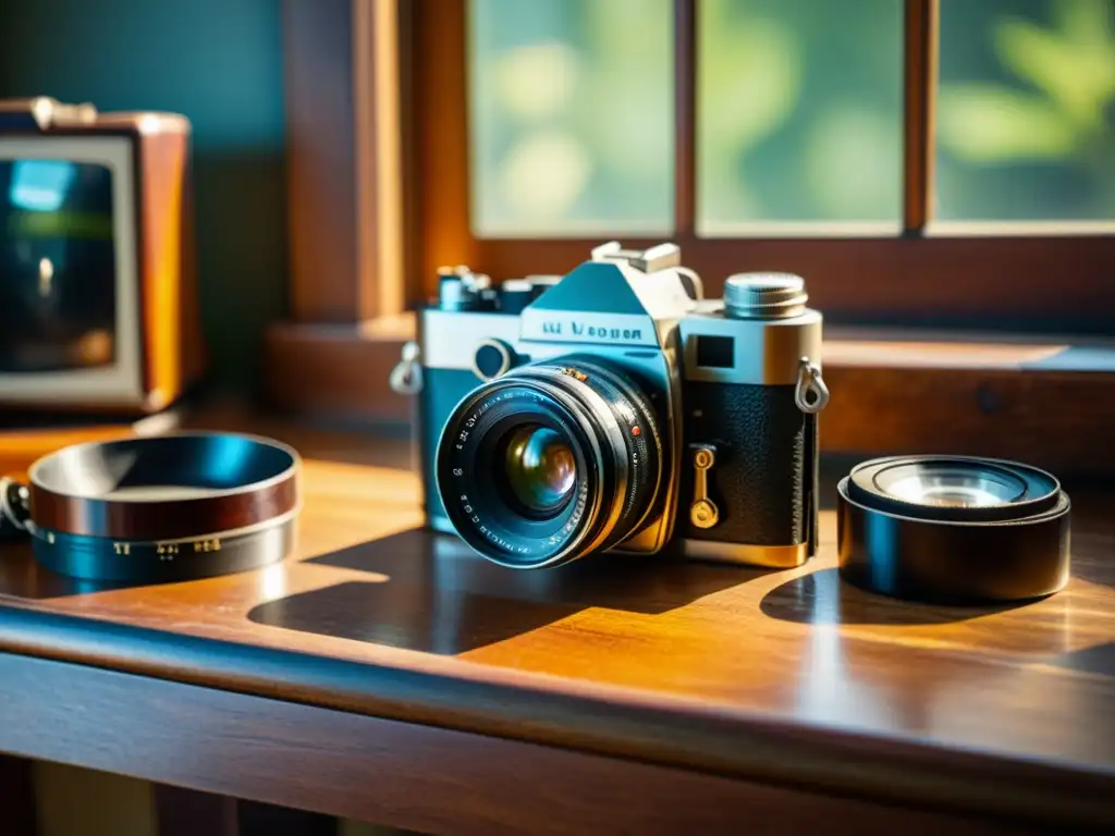 Una escena nostálgica de fotografía de detalle artesanía digital, con una cámara vintage y equipo fotográfico antiguo sobre una mesa de madera envejecida, iluminada por la suave luz natural