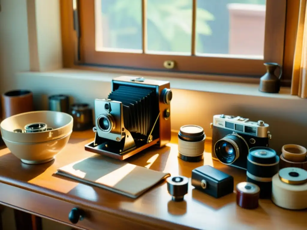 Escena nostálgica: mesa de trabajo antigua con cámaras vintage, productos artesanales y luz natural