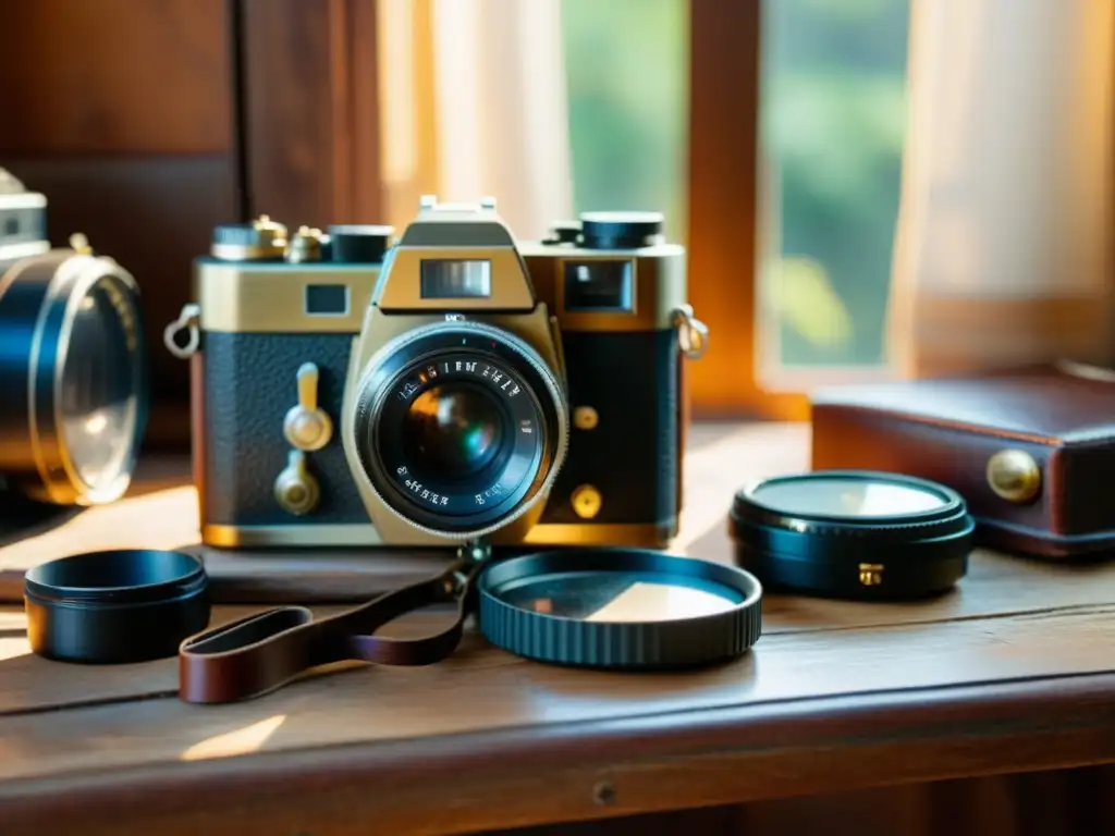 Una escena nostálgica de técnicas de fotografía artesanal, con una cámara vintage y equipo fotográfico en una mesa rústica iluminada por luz suave