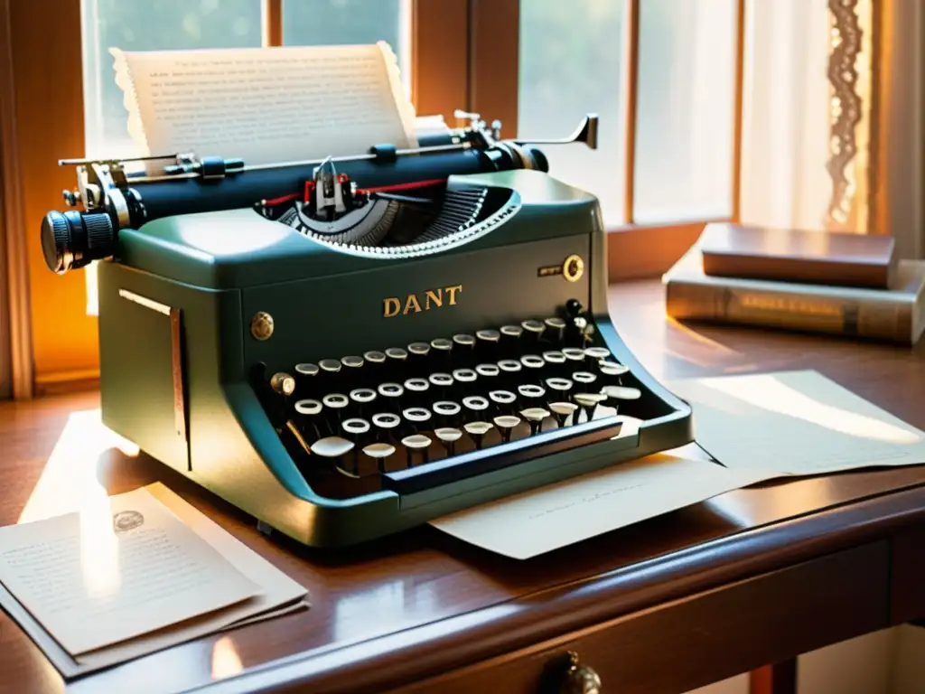 Una escena nostálgica con una vieja máquina de escribir rodeada de fotografías vintage y cartas escritas a mano, iluminada por suave luz solar