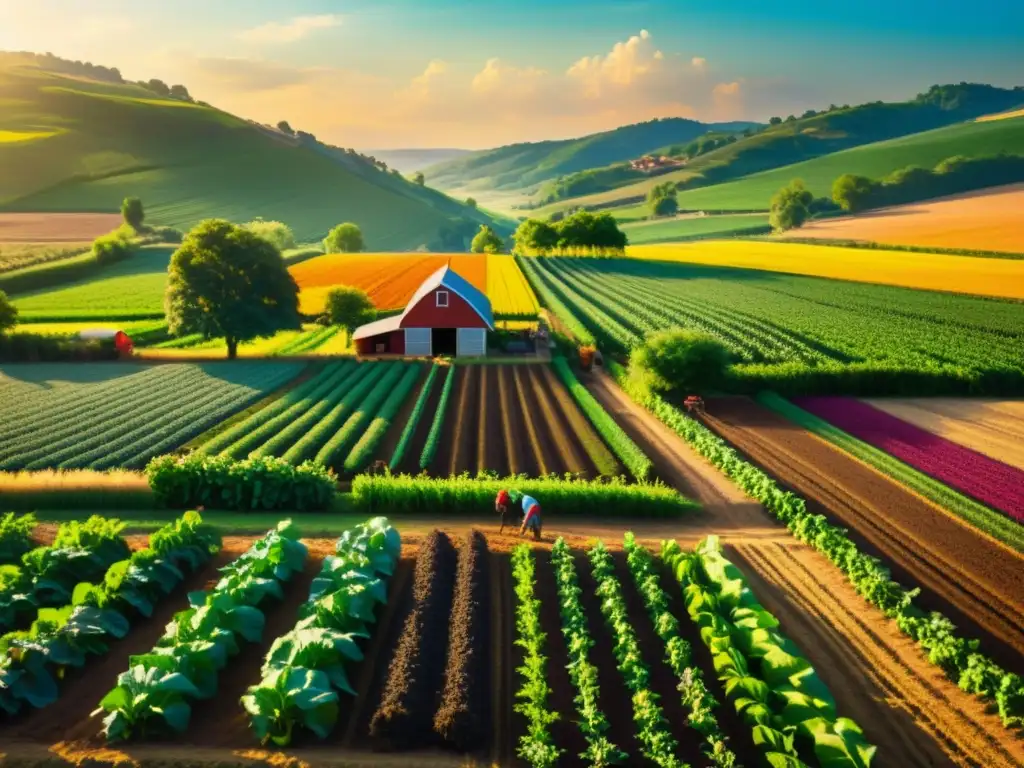 Una escena vibrante de una granja orgánica, con cultivos coloridos y artesanía sostenible bajo el cálido sol