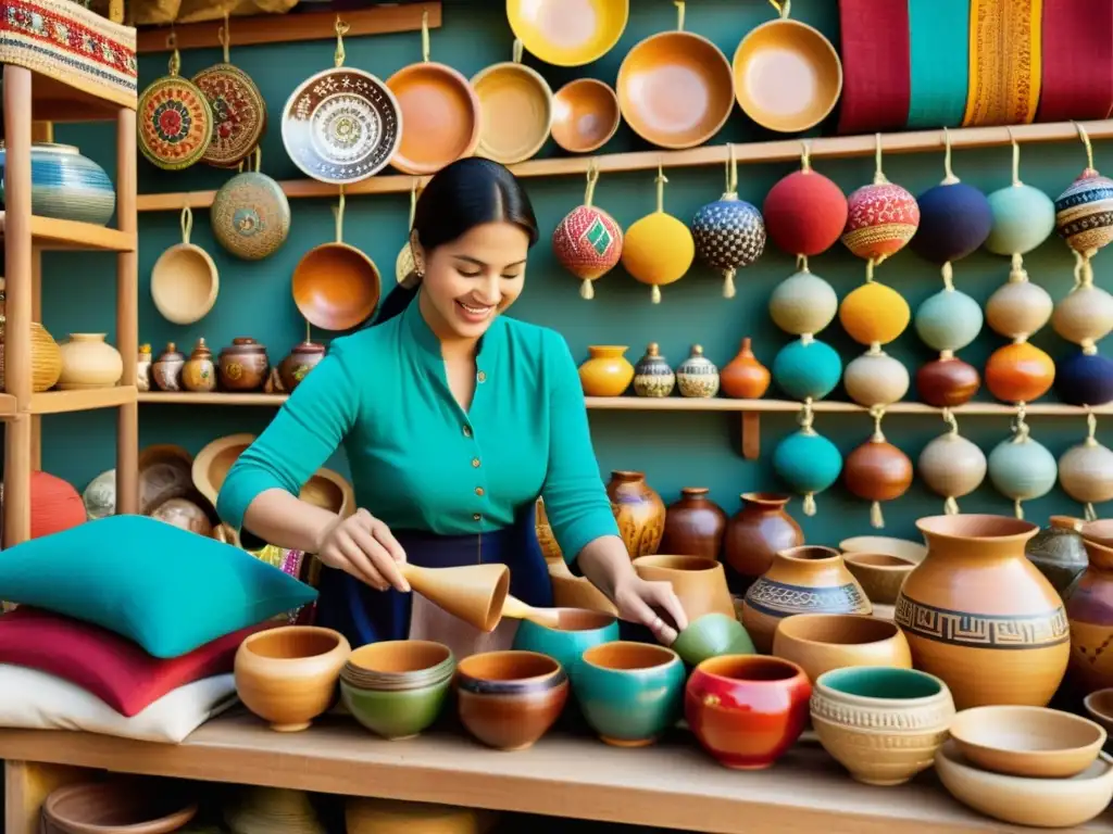 Escena vibrante de mercado étnico con artesanías, textiles y cerámica