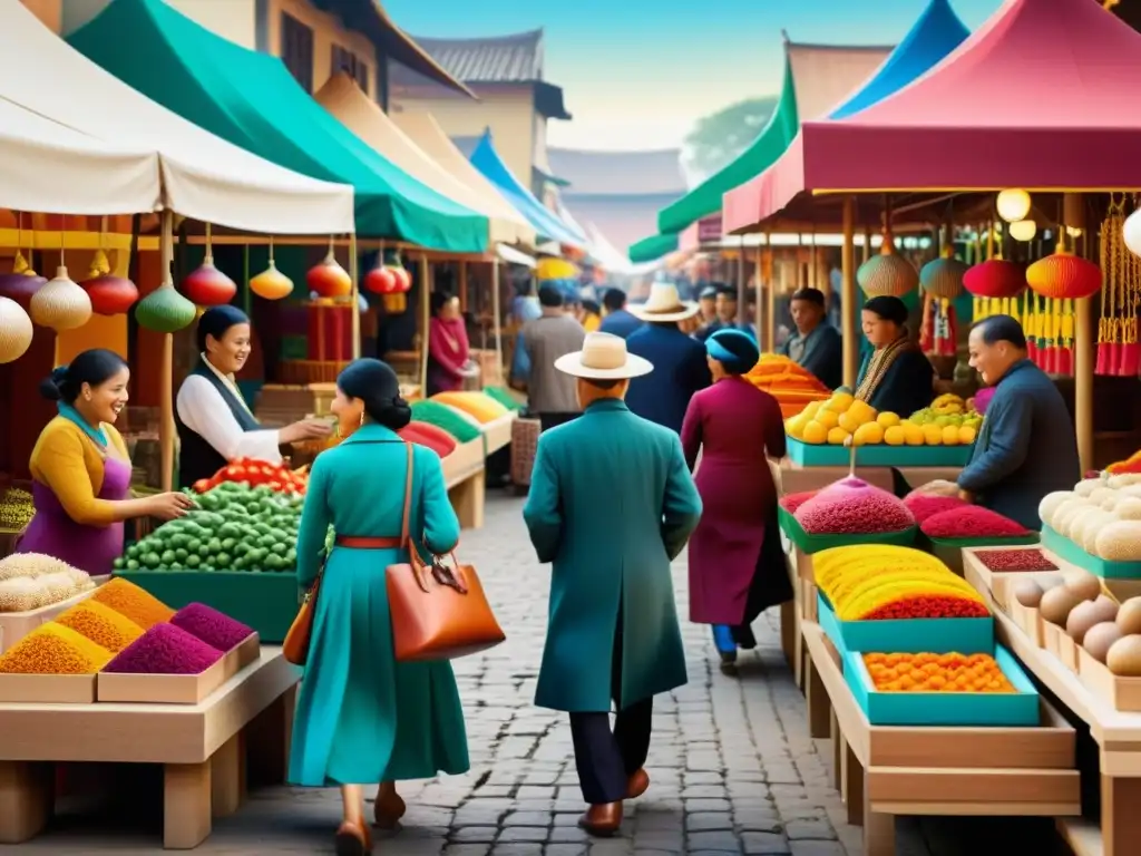 Escena vibrante de mercado tradicional con artesanías coloridas y tecnología 3D