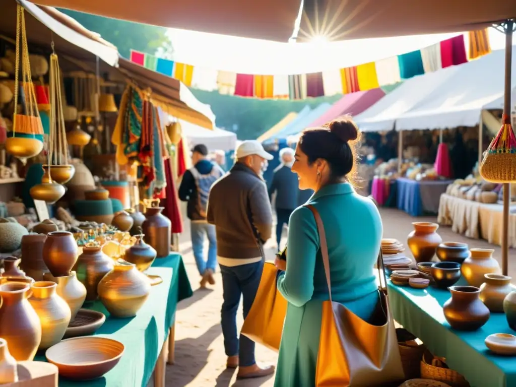 Una escena vibrante en un mercado vintage con artesanías coloridas y únicas