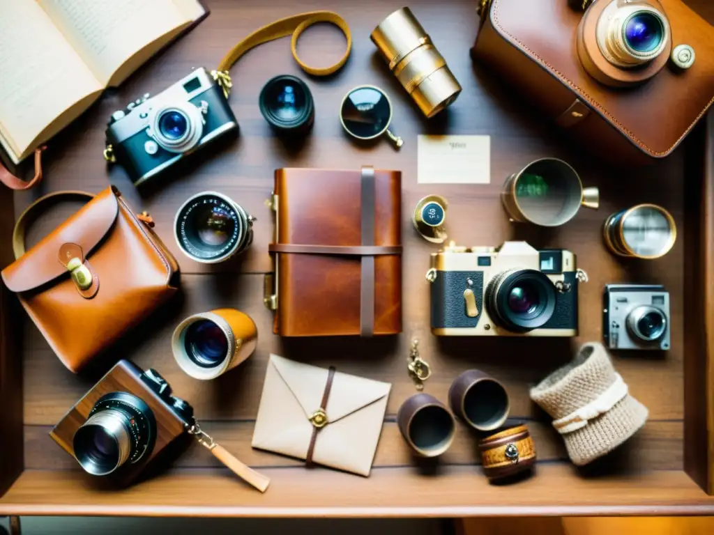 Un escenario vintage con equipo básico de fotografía artesanal digital, adornos artesanales y una cálida iluminación