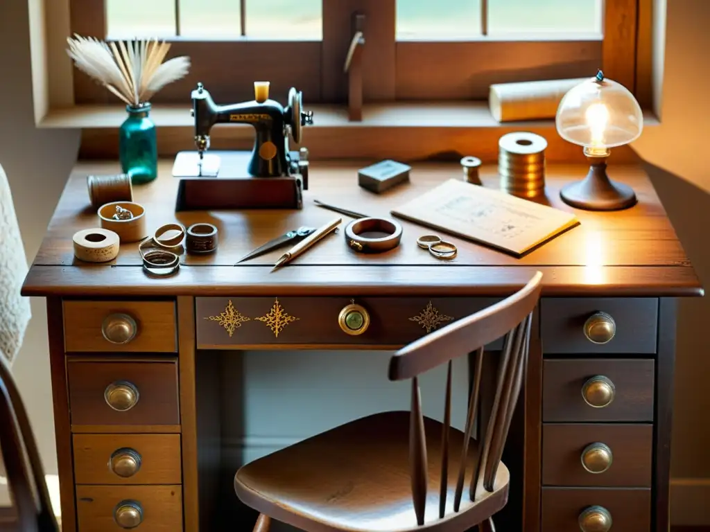 Arte digital entre tradición y luz Un escritorio de madera antiguo lleno de herramientas y materiales de artesanía, bañado por la luz del sol