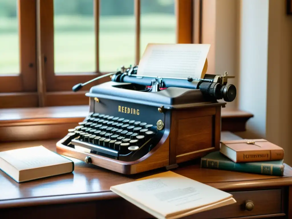 Un escritorio de madera antiguo con una máquina de escribir vintage, una pila de cartas antiguas y unas gafas, iluminado por la cálida luz natural