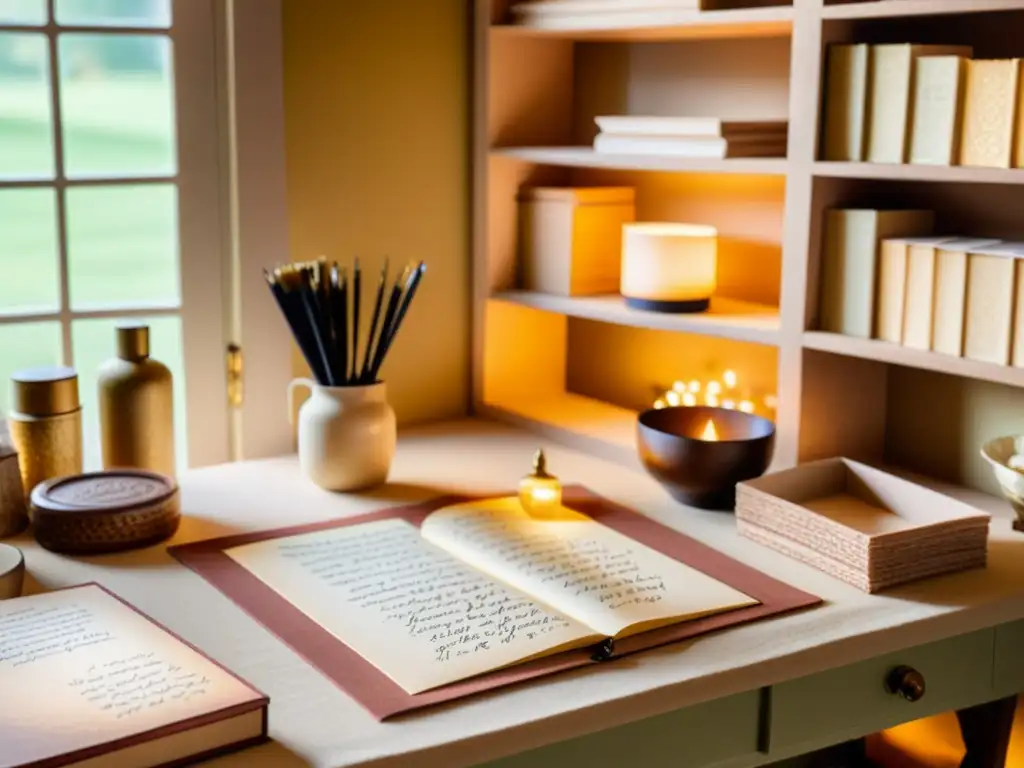 Un escritorio vintage con papel artesanal y herramientas de diseño, bañado por una suave luz