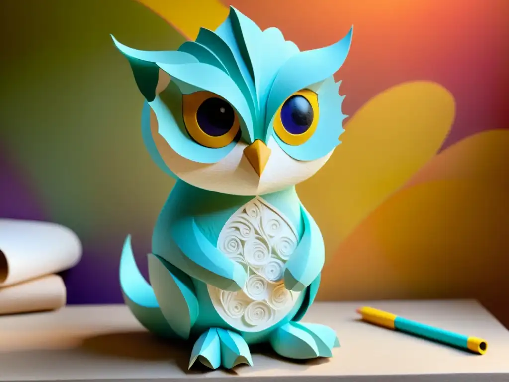 Escultura de papel maché animada con detalles intrincados, colores vibrantes y movimiento dinámico, evocando nostalgia y creatividad