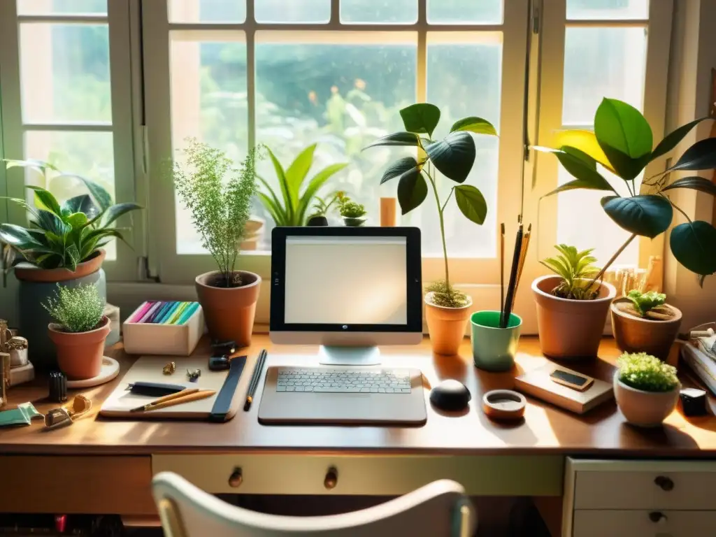 Un espacio de trabajo artístico vintage con soluciones renovables para artesanía digital, bañado por la cálida luz del sol