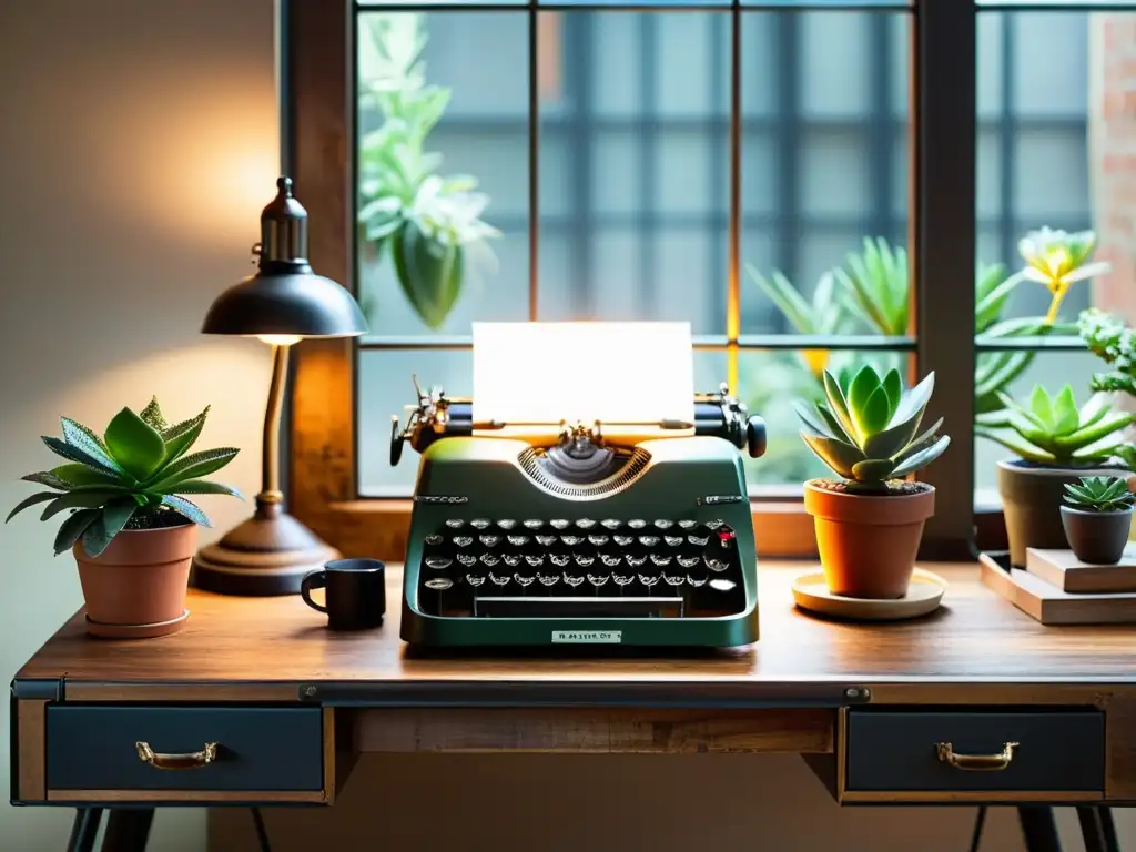 Un espacio de trabajo vintage con madera reciclada, una máquina de escribir y suculentas, crea una atmósfera cálida y nostálgica