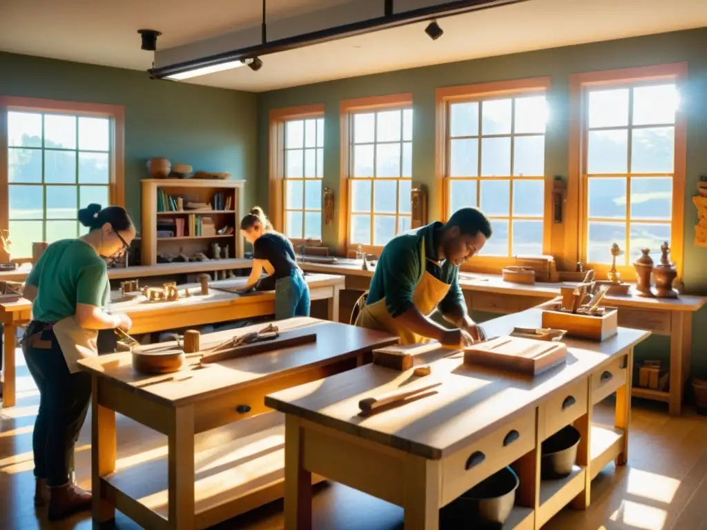 Estudiantes disfrutan de una clase de artesanía con herramientas de carpintería en un aula vintage