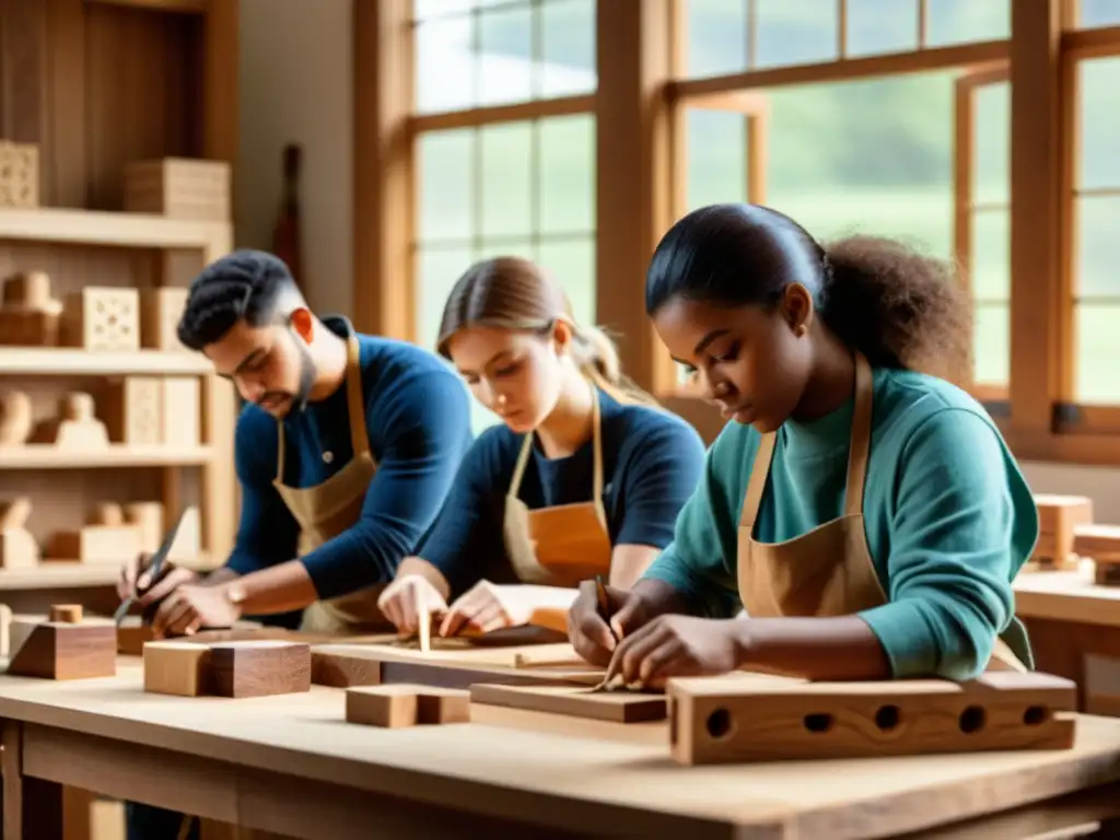 Estudiantes tallando diseños en madera con herramientas vintage en un taller rústico, en una experiencia de artesanía digital en educación juvenil