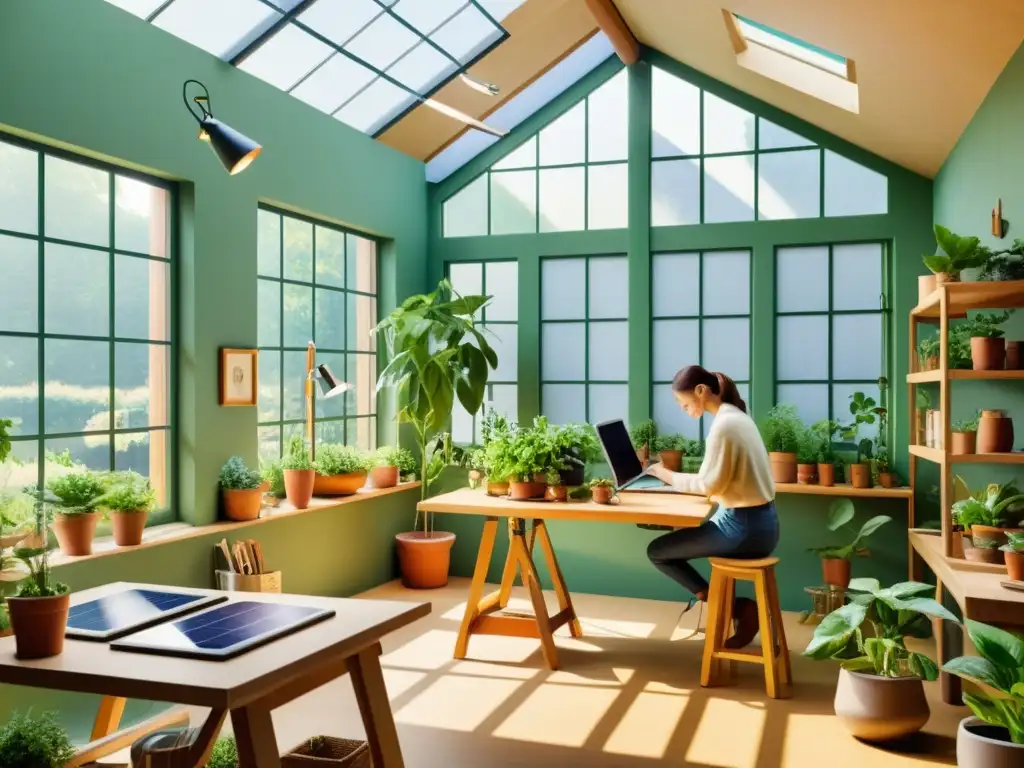 Un estudio de artista con soluciones renovables para artesanía digital, iluminado por luz natural y adornado con plantas y tecnología sostenible