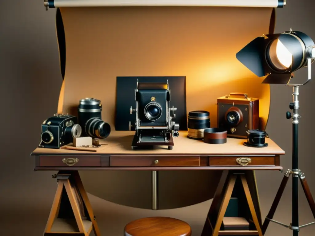 Estudio de fotografía vintage con cámara de madera, carretes antiguos y luz cálida