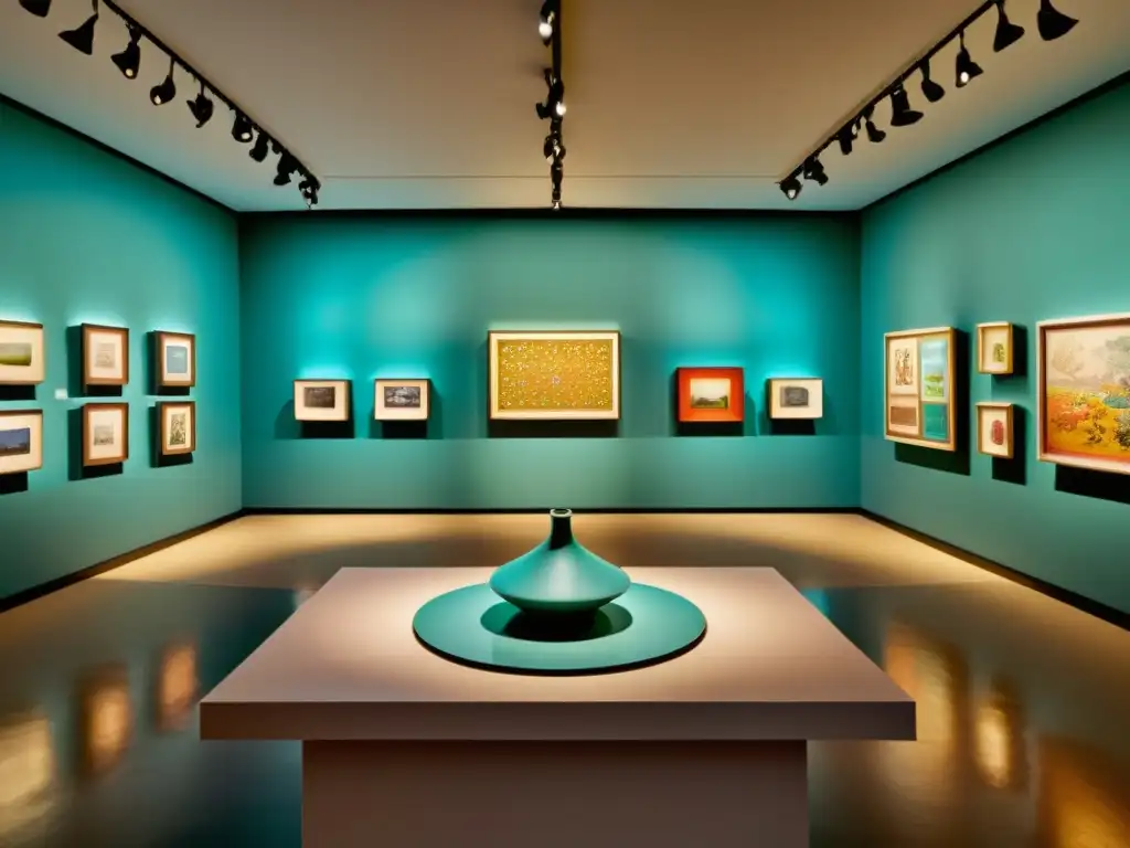 Exhibiciones de cerámica en realidad virtual: Una galería digital muestra arte cerámico vintage con colores vibrantes y detalles delicados