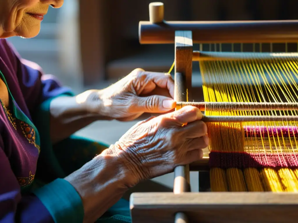 Las experimentadas manos de una anciana tejen con destreza hilos vibrantes en un telar de madera